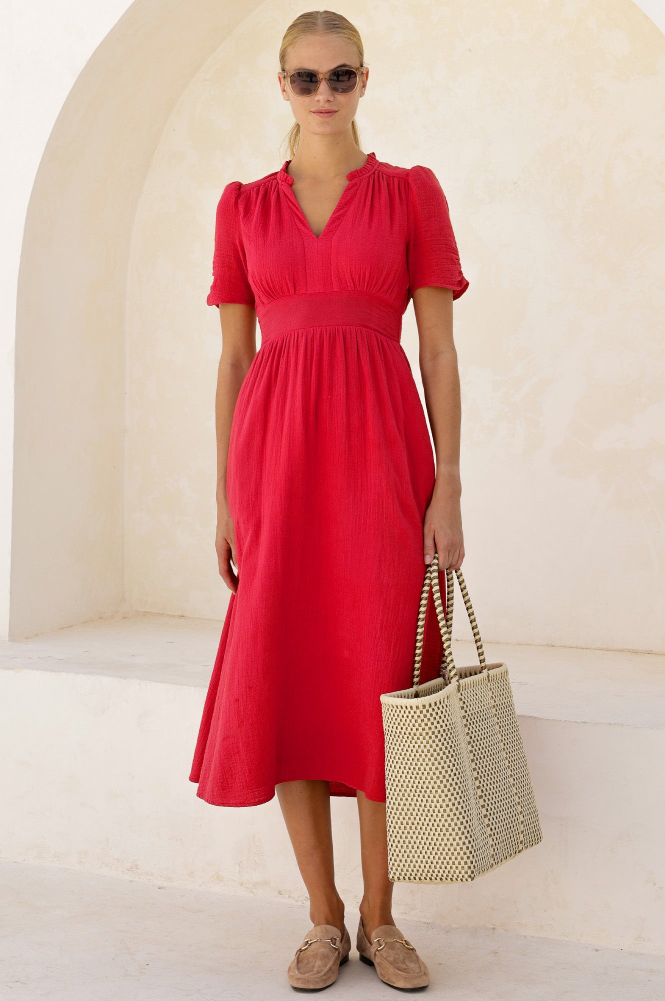 APPROVED * Esha Organic Cotton Cheesecloth Dress | Red - Aspiga