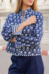 Cotton Printed Quilted Reversible Jacket | Navy/White