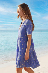 India Embroidered Organic Cotton Dress | Cobalt/White