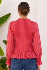 Long Sleeve Stripe Shirred Blouse | Red/Pink