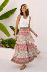 Tiered Block Print Midi Skirt | White/Green/Pink