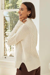 Merino Wool Cable Knit Funnel Neck Jumper | Cream