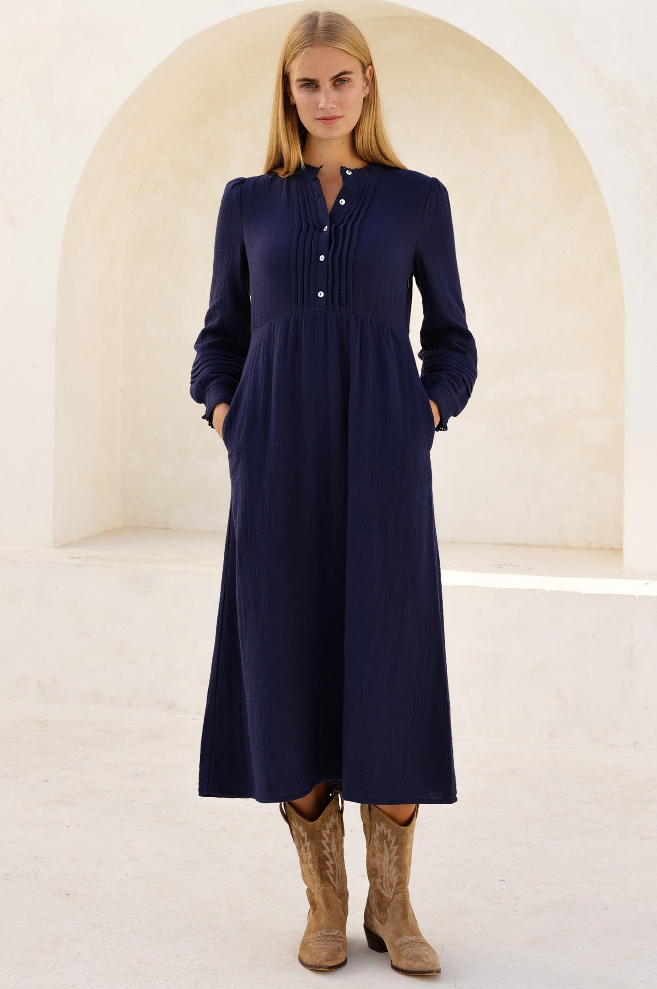 Pin Tuck Organic Cotton Cheesecloth Shirt Dress | Navy - Aspiga