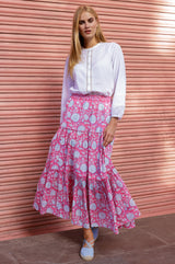 APPROVED Becks Organic Cotton Block Print Skirt | Sunflower Pink/Cobalt - Aspiga