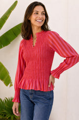 Long Sleeve Stripe Shirred Blouse | Red/Pink