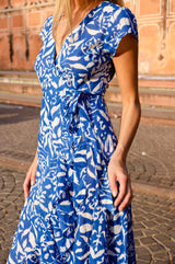 Demi Organic Cotton Wrap Dress | Cobalt/White - Aspiga