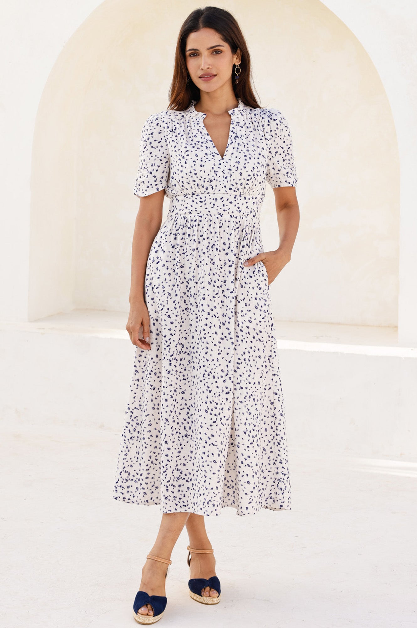 APPROVED Esha Organic Cotton Cheesecloth Dress | Ecru/Navy - Aspiga