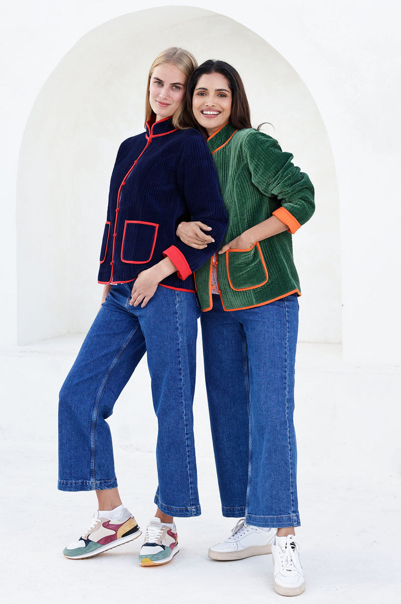 Velvet Quilted Jacket | Navy/Red