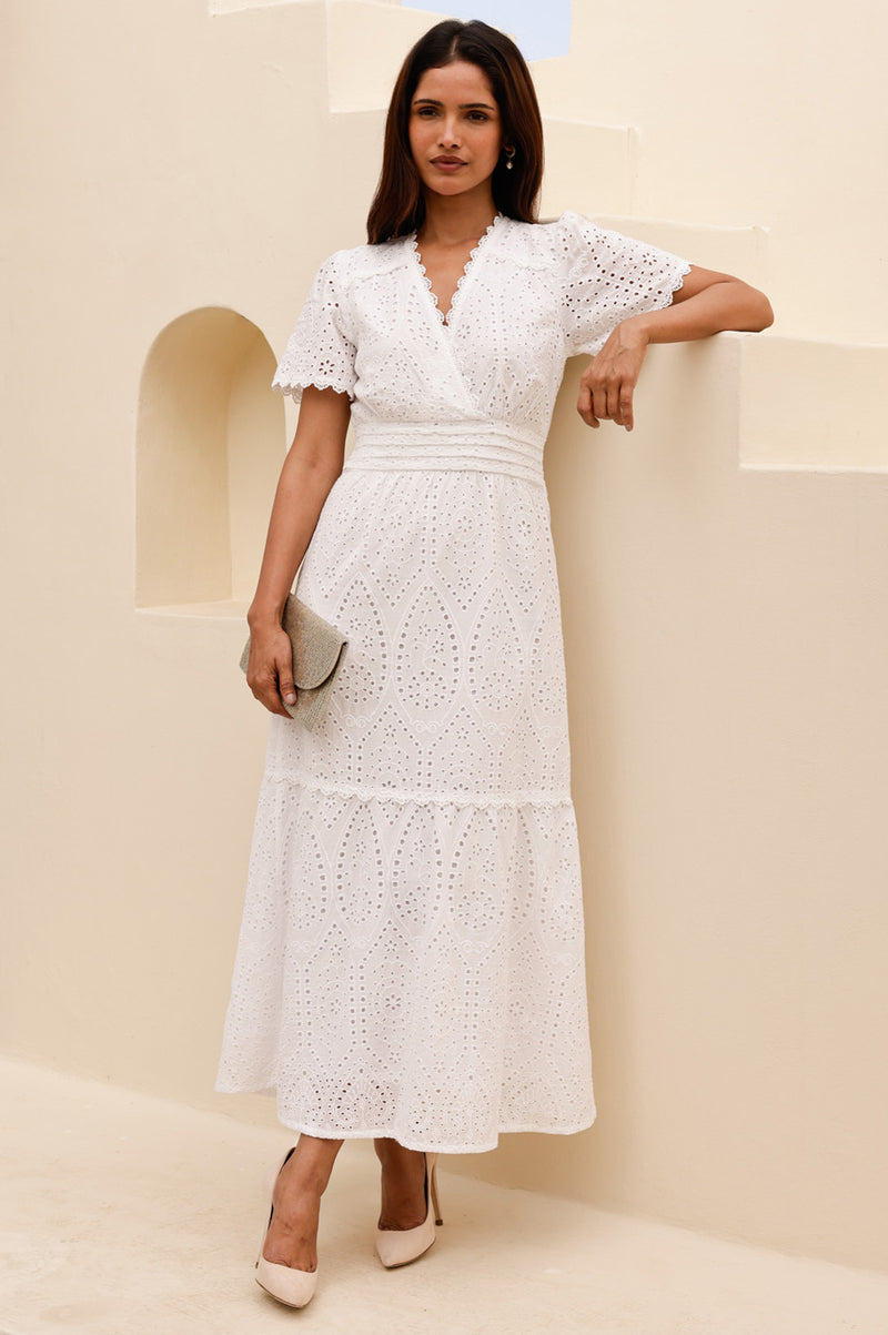 Aspiga Sustainable Womens Edie Broderie White Midi Weddings Guest Dress 100% Cotton | L/14