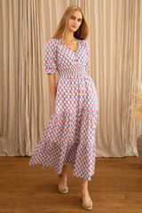 Billie Short Sleeve Organic Cotton Dress | Lily Flower White/Grey/Pink
