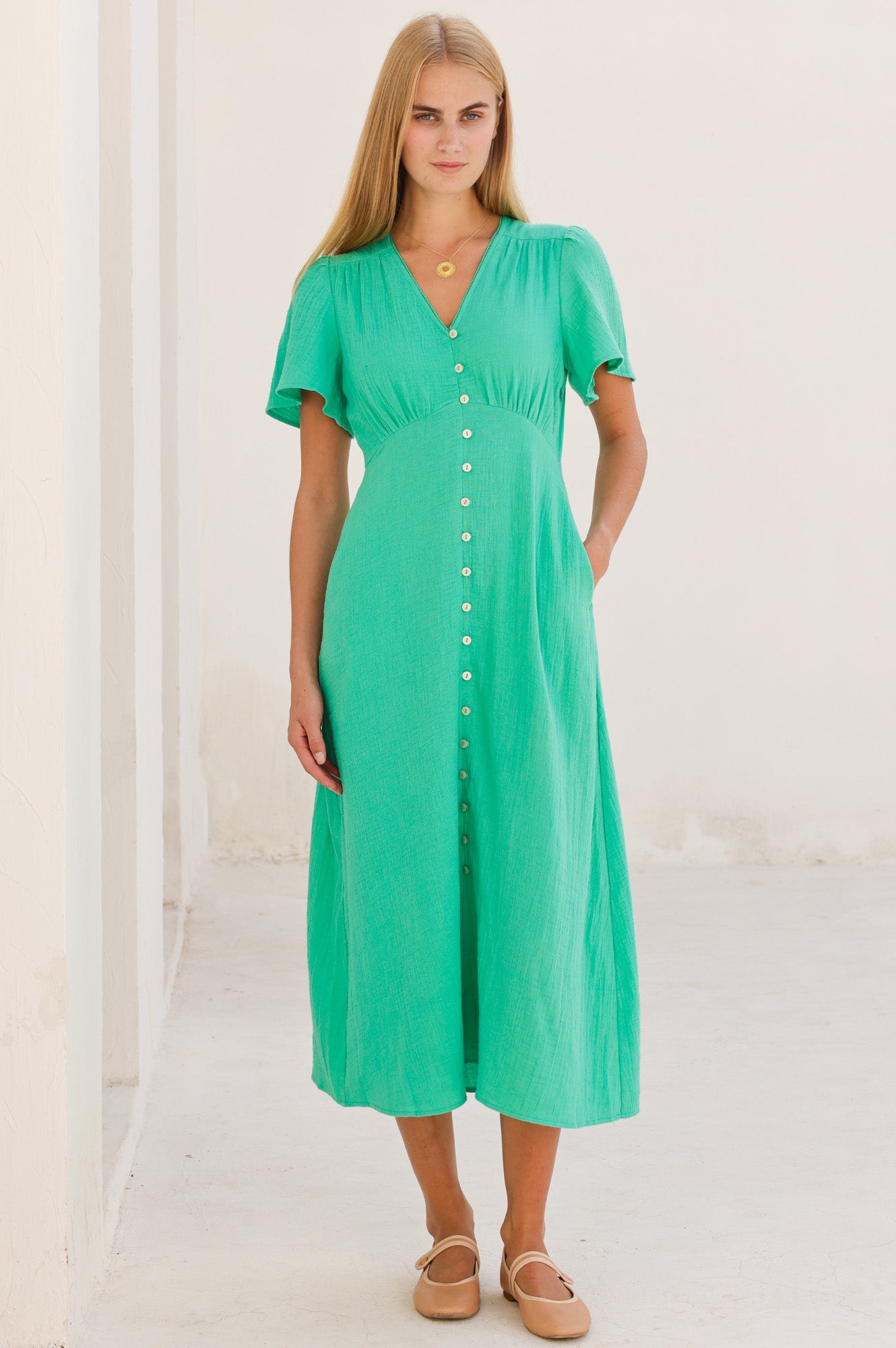 Tessa Organic Cotton Cheesecloth Dress | Green - Aspiga