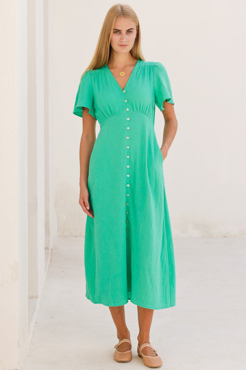 Aspiga Women's Sustainable Tessa Cheesecloth Dress Summer Holiday 100% Organic Cotton - Green