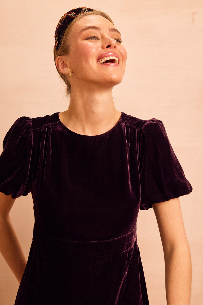 Dulcie Velvet Puff Sleeve Dress | Aubergine