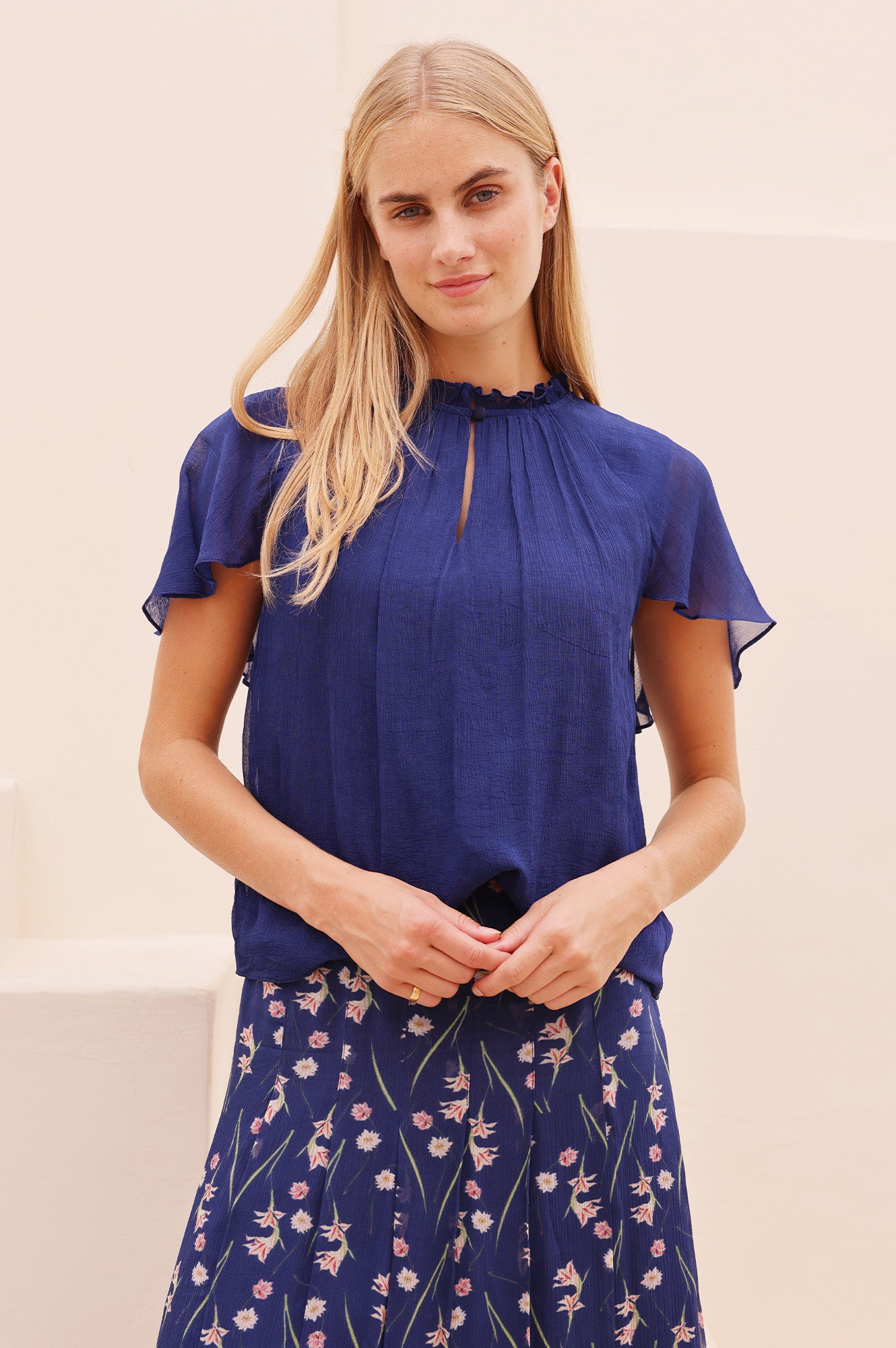Caped Sleeve Blouse | Navy