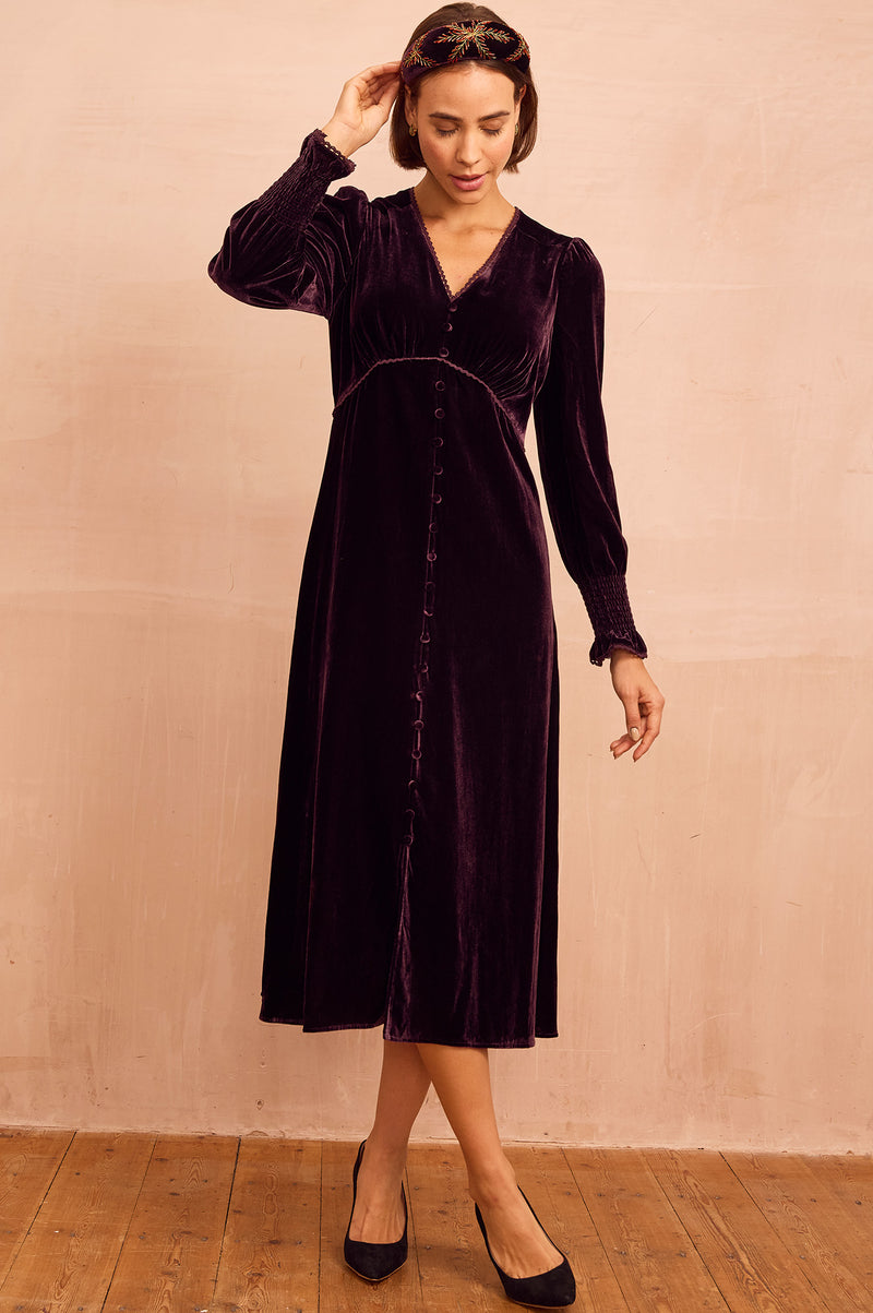 Sally Anne Velvet Long Sleeve Dress | Aubergine