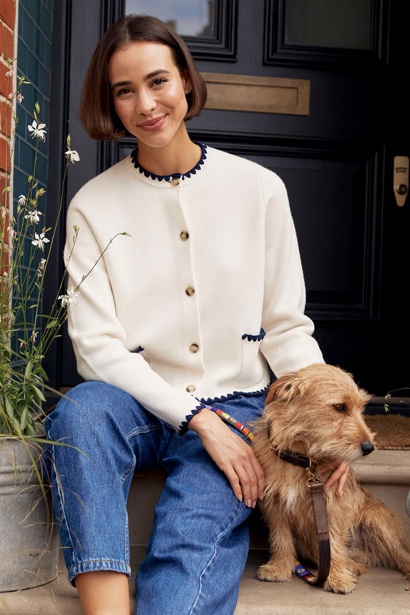 Merino Wool Blanket Stitch Cardigan | Cream/Navy
