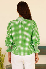 Embroidered Smocked Blouse | Check Green/White