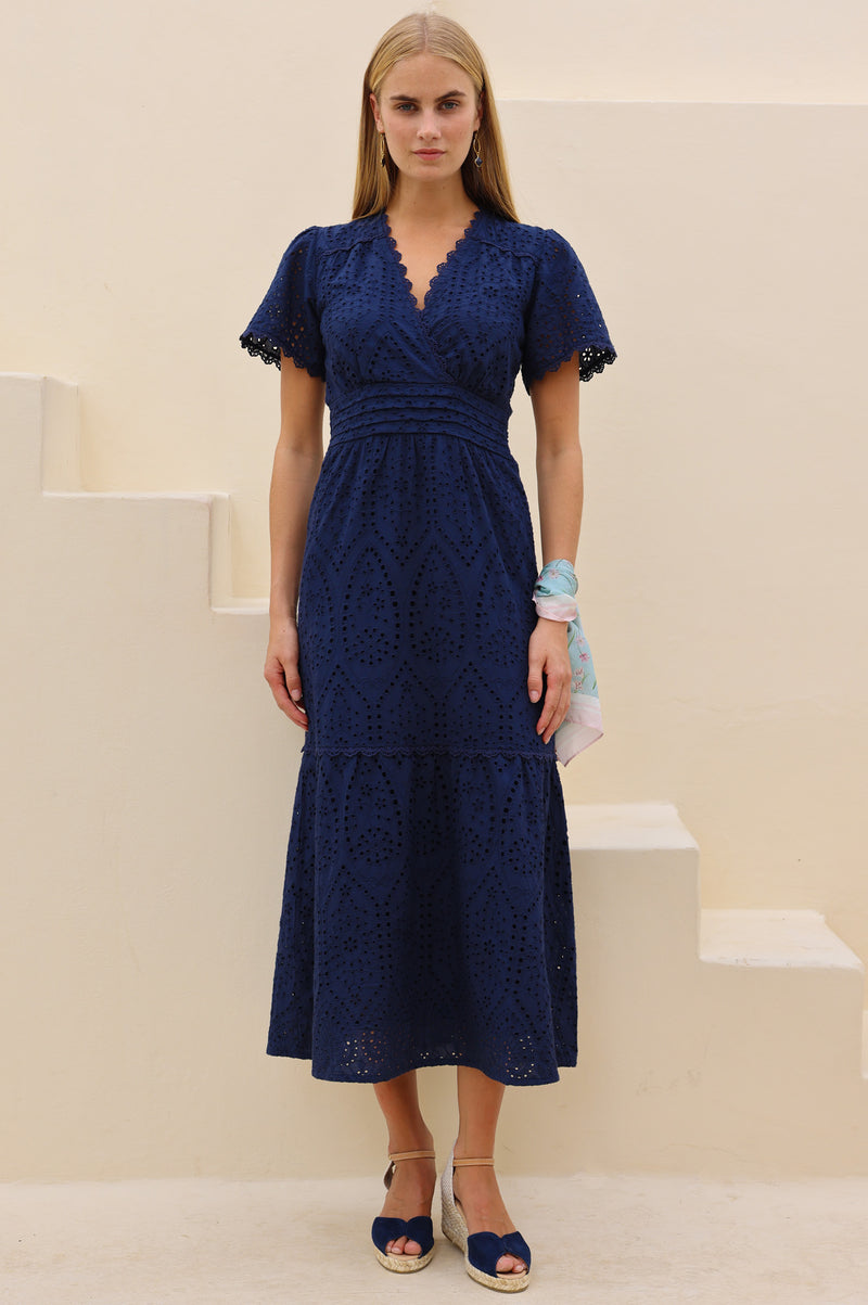 Aspiga Ladies Sustainable Edie Cotton Broderie Navy Midi Weddings Guest Dress 100% Cotton