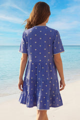 India Embroidered Organic Cotton Dress | Cobalt/White
