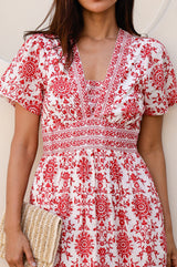 Pippa Organic Cotton Short Sleeve Block Print Dress | Red