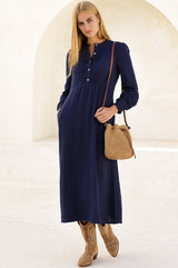 Pin Tuck Organic Cotton Cheesecloth Shirt Dress | Navy