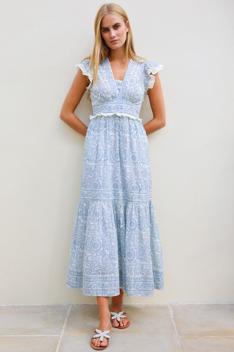 Womens Aspiga Light Blue Pippa Cotton Block Print Dress L (US 12-14)