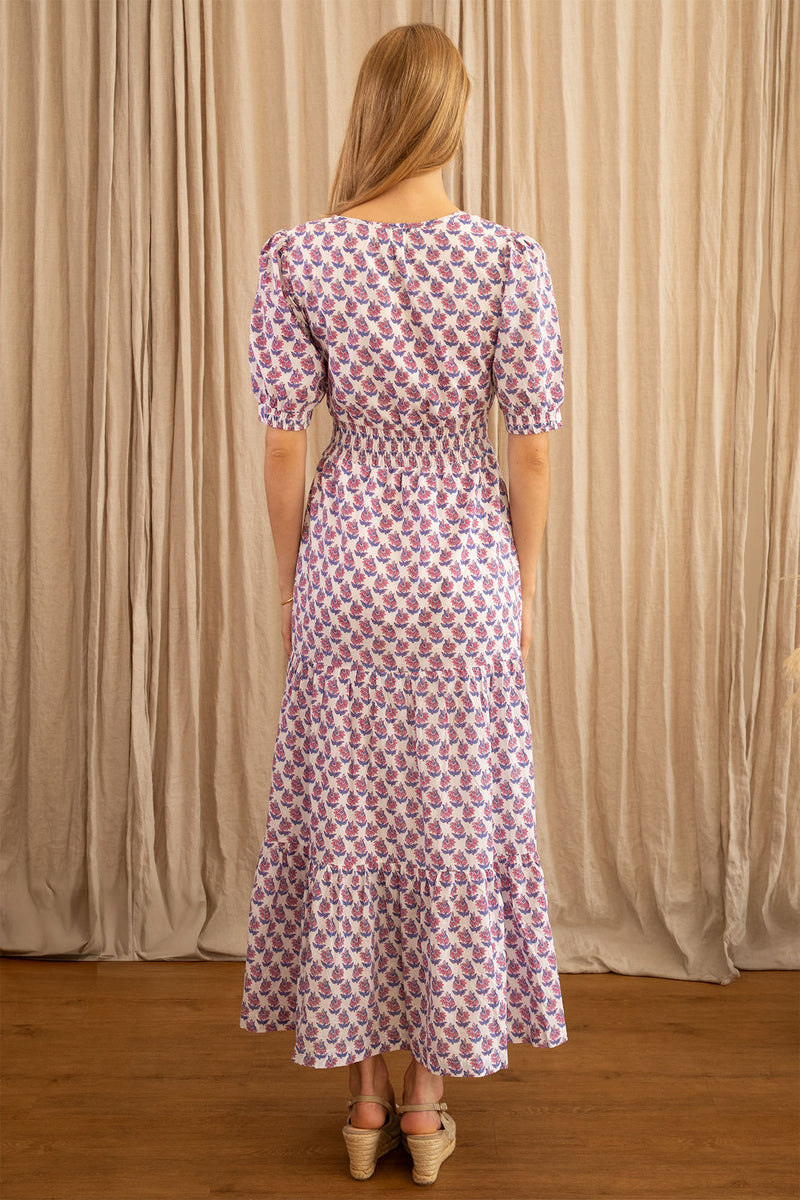 Billie Short Sleeve Organic Cotton Dress | Lily Flower White/Grey/Pink