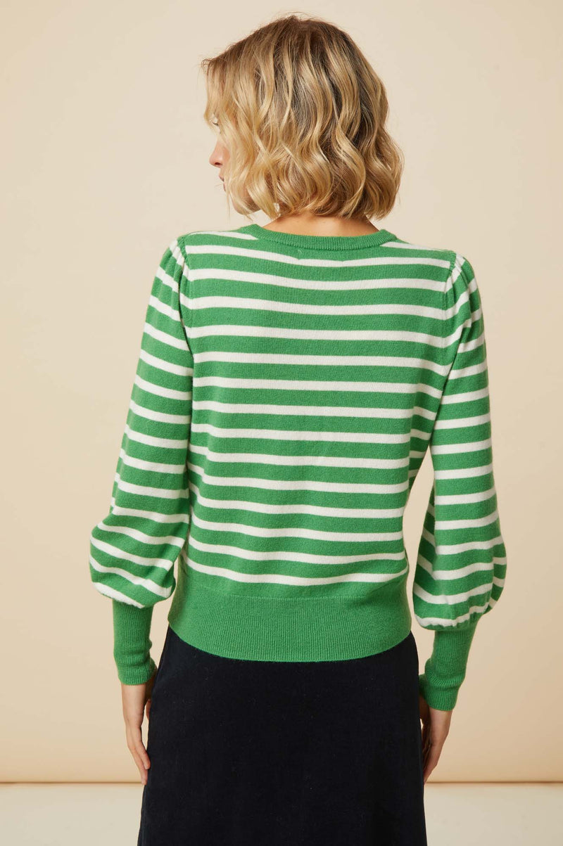 Striped Crew Neck Merino Jumper | Green/Cream