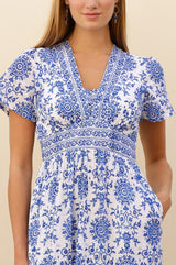 APPROVED Pippa Organic Cotton Short Sleeve Block Print Dress | White/Cobalt - Aspiga