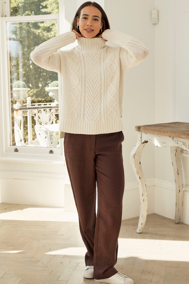 Merino Wool Cable Knit Funnel Neck Jumper | Cream