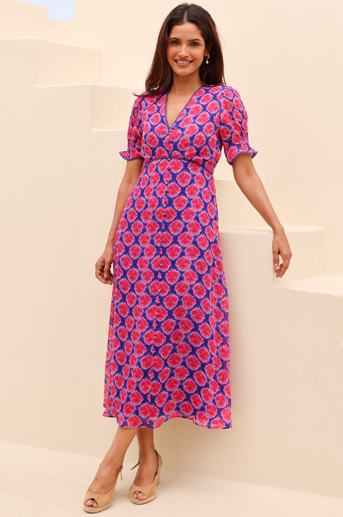 Aspiga Sustainable Womens Sally Anne Sleeve Blue Pink Dress Summer