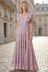 V Neck Rose Maxi Dress | White/Green/Pink