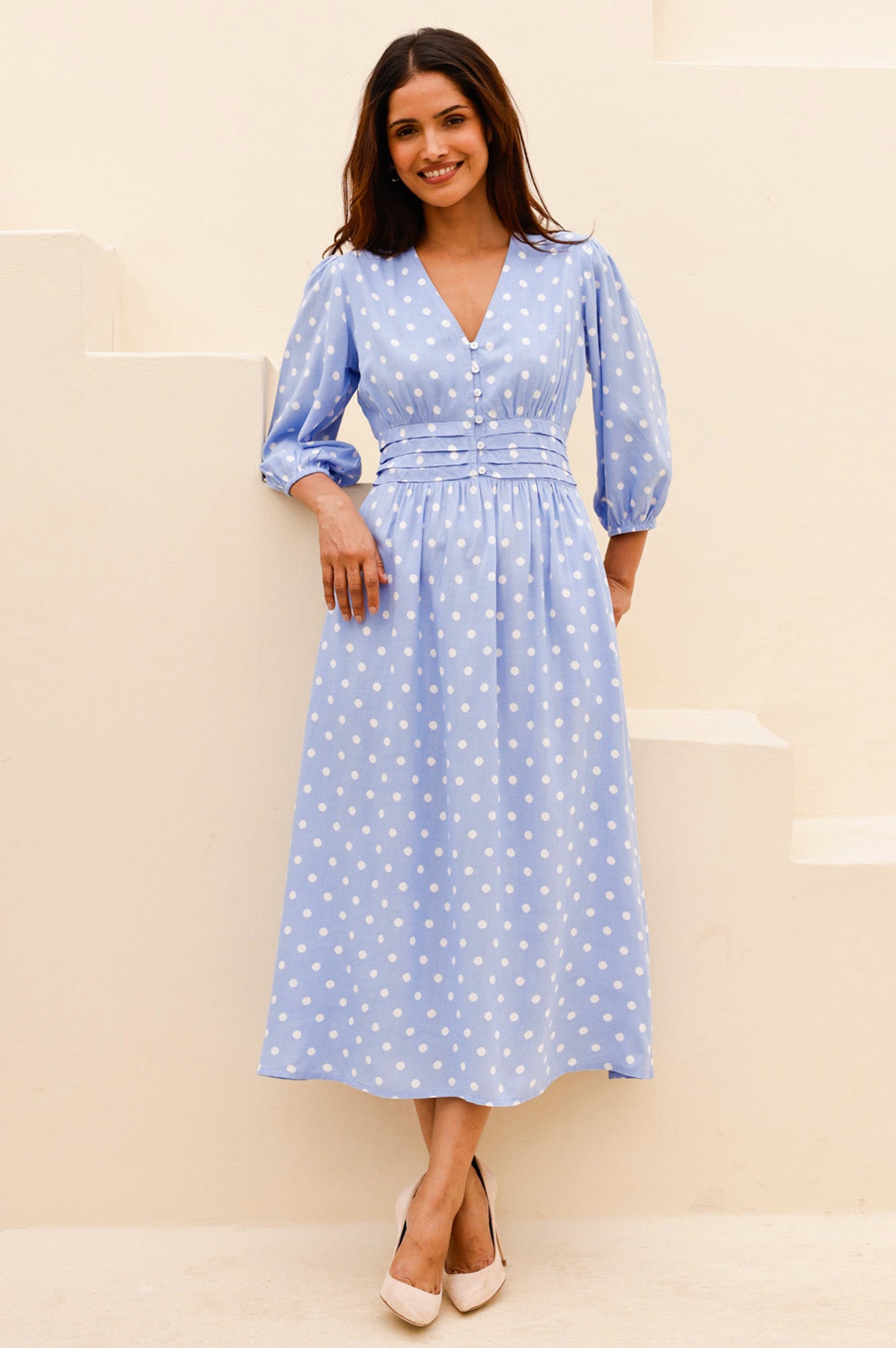 APPROVED * Jyoti Printed Rayon Dress | Polka Dot Cornflower/White - Aspiga