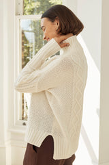 Merino Wool Cable Knit Funnel Neck Jumper | Cream