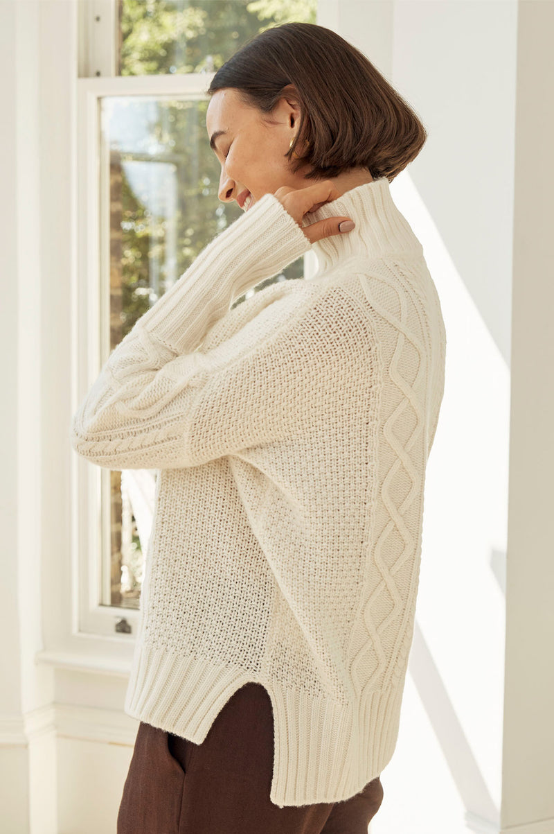Merino Wool Cable Knit Funnel Neck Jumper | Cream