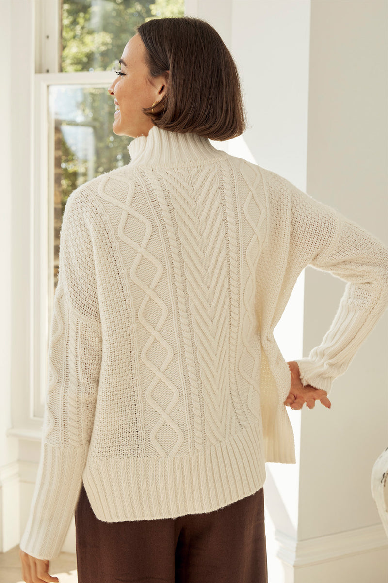 Merino Wool Cable Knit Funnel Neck Jumper | Cream
