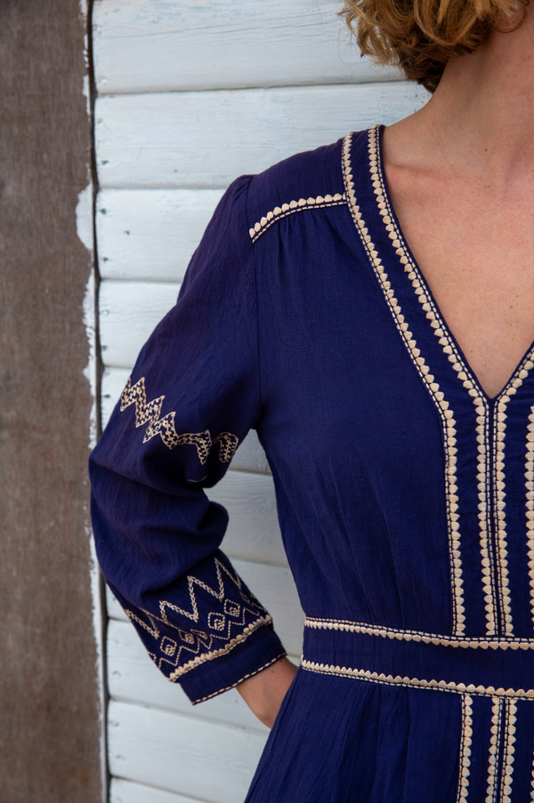 Jamila Embroidered Dress | Navy/Gold