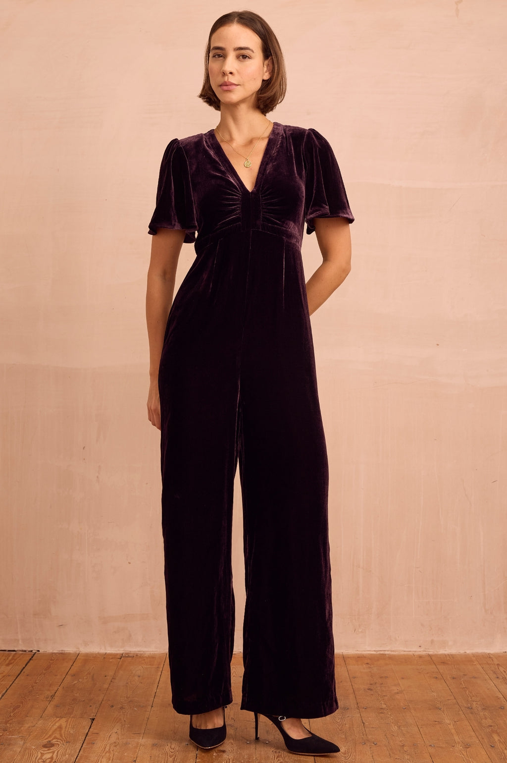 Anais Velvet V Neck Jumpsuit Aubergine