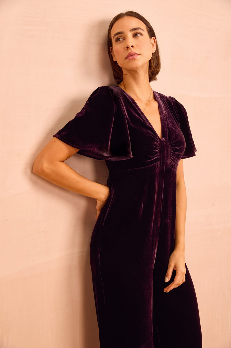 Anais Velvet V-Neck Jumpsuit | Aubergine