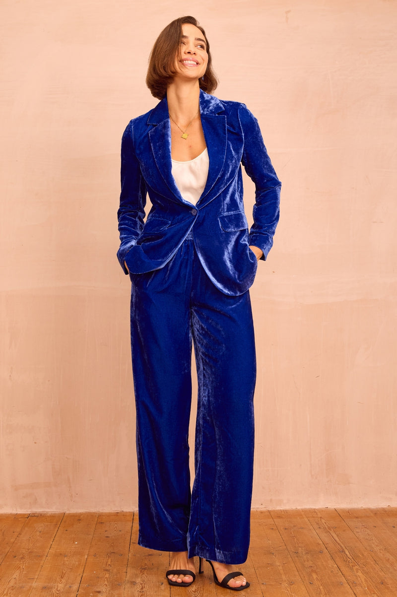 Asha Velvet Single Breasted Blazer | Azure Blue