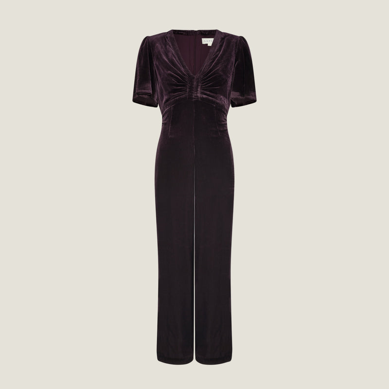 Anais Velvet V-Neck Jumpsuit | Aubergine