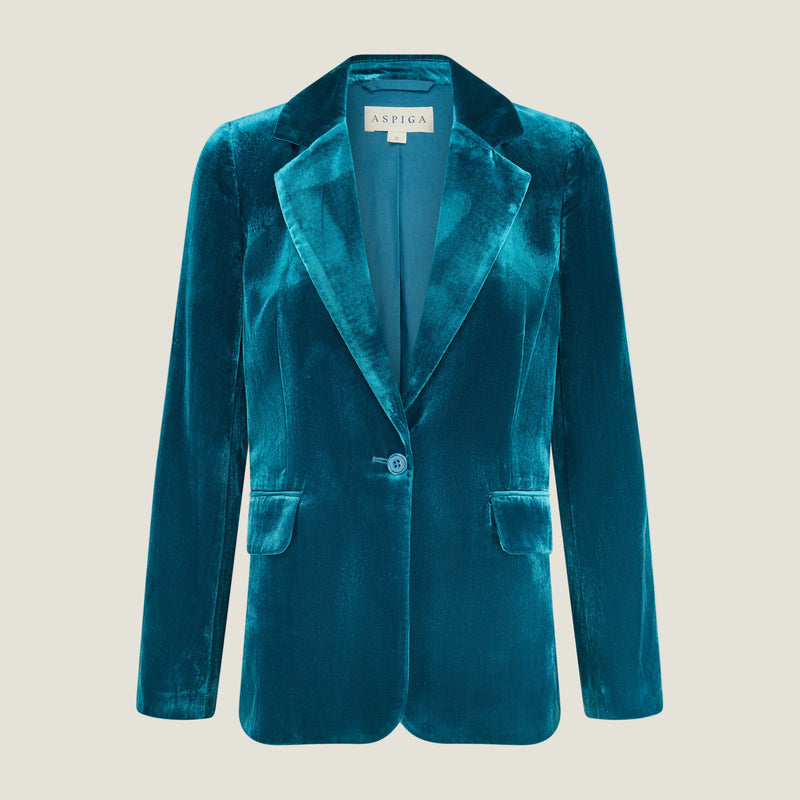 Asha Velvet Single Breasted Blazer | Teal
