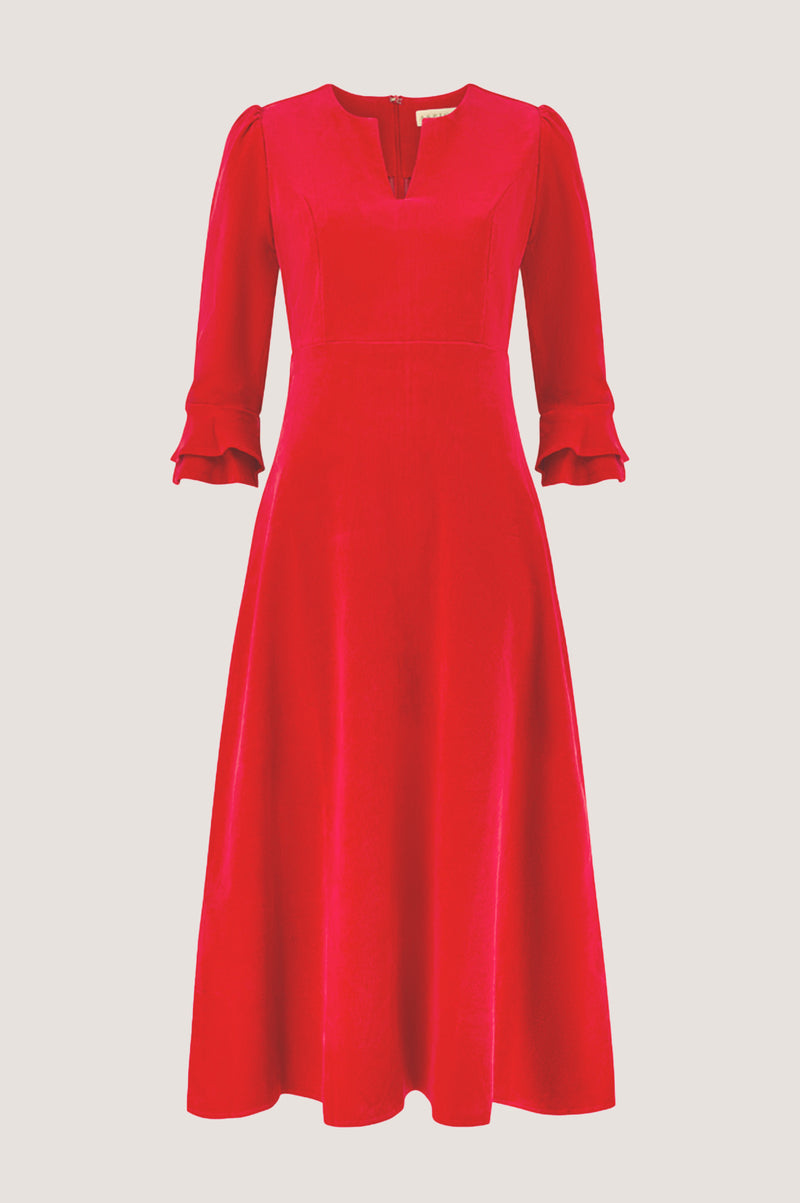 Jocelyn V-Neck 3/4 Sleeve Stretch Corduroy Dress | Red