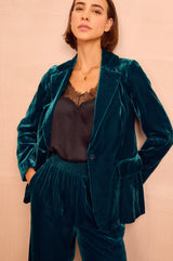 Asha Velvet Single Breasted Blazer | Teal