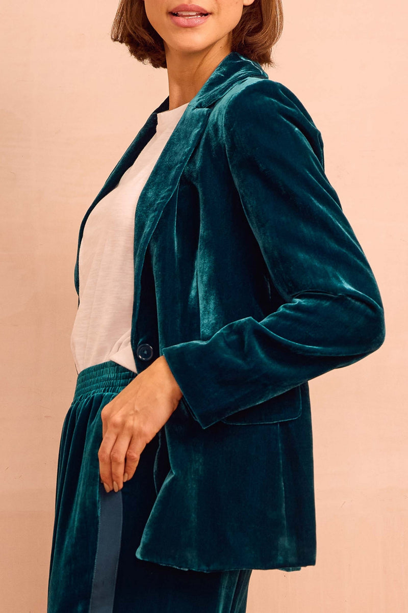 Asha Velvet Single Breasted Blazer | Teal