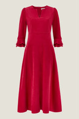 Jocelyn V-Neck 3/4 Sleeve Stretch Corduroy Dress | Red