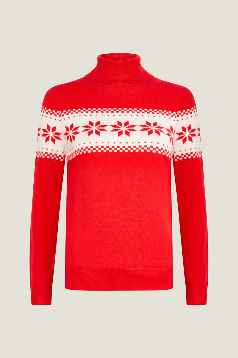 Aspiga Womens Merino Wool Snowflake Fairisle Polo Neck Jumper Red