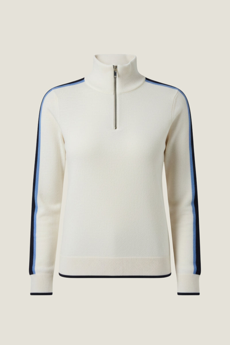 Merino Wool Overarm Stripe Quarter Zip Jumper | Cream/Navy/Blue
