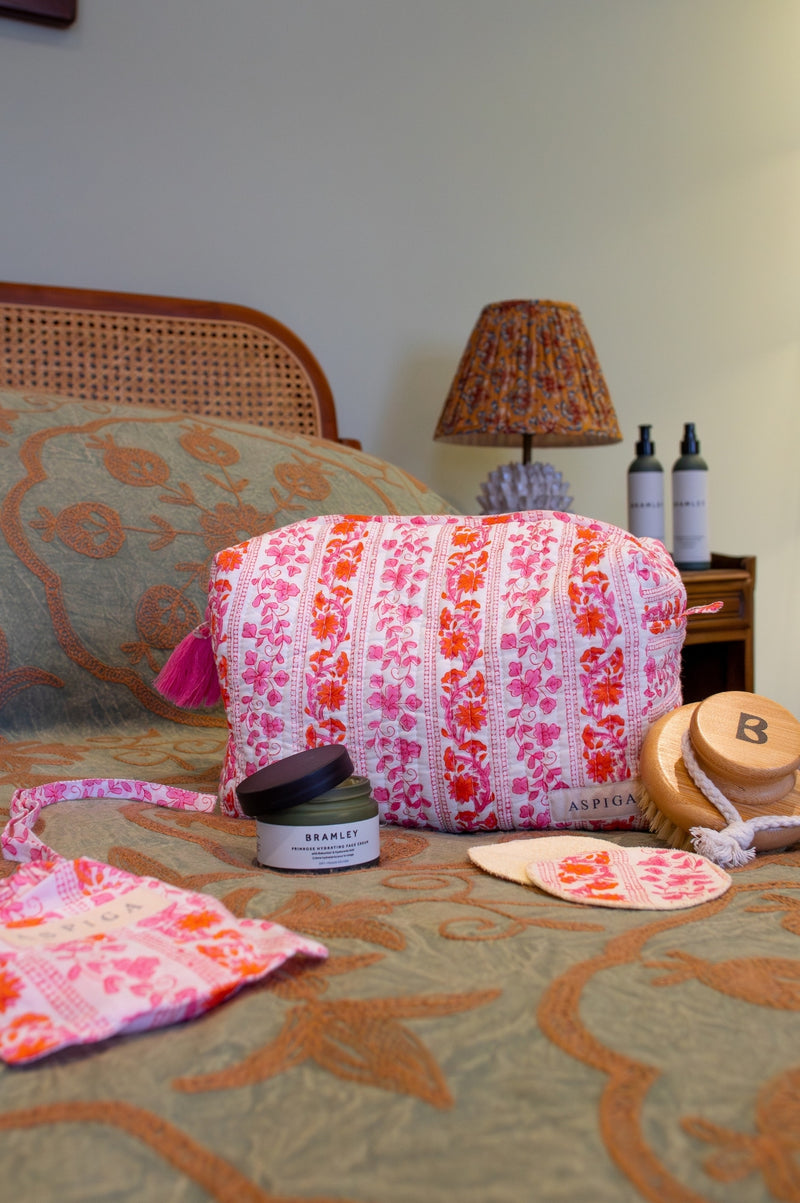 Medium Block Print Wash Bag | Linear Botanical Orange/Pink