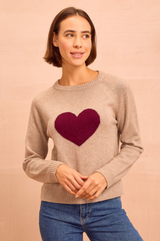 Cashmere Blend Hearts Crew Neck Jumper | Oat/Fig